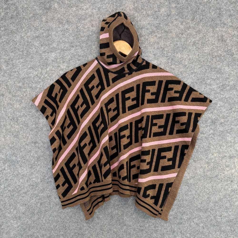 FENDI KIDS Zucca FF Pattern Hooded Cape Poncho Sweater Kids 1 Wool Logo Brown
